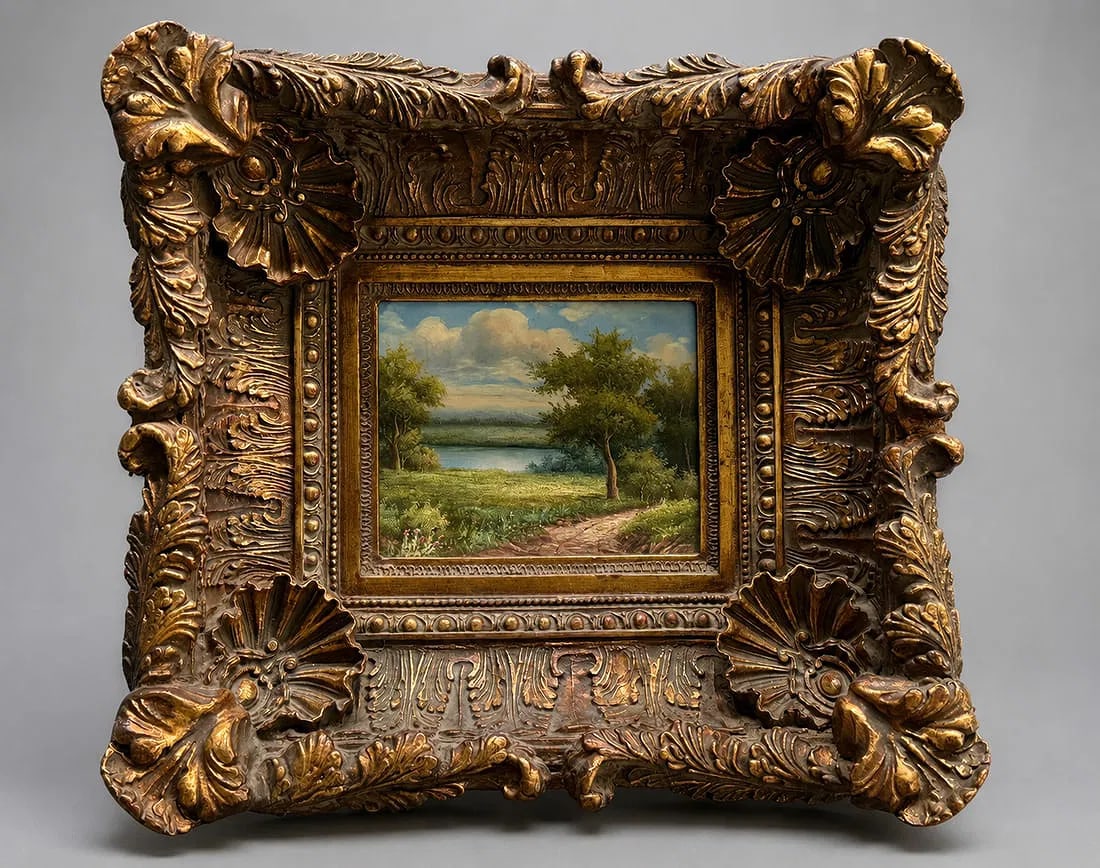 Antique Framed Landscape Oil Painting, Ornate Gilt Relief Frame, 22 x 19 Inches: An antique oil painting depicting a tranquil landscape with a winding path leading toward a peaceful lake, framed by mature trees beneath a cloud-filled sky. The painting is housed in an exceptionally