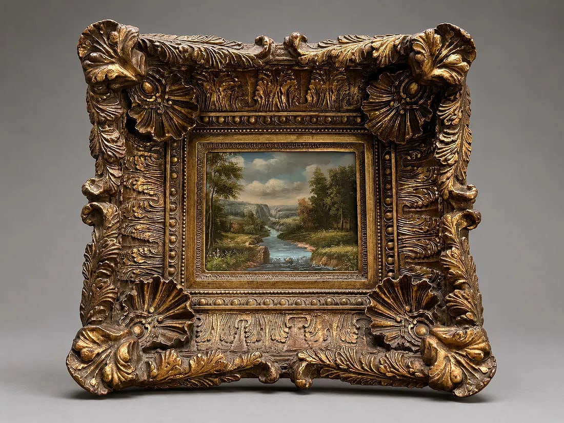 Signed Framed Landscape Oil Painting in Ornate Rococo Style Gilt Frame, 22 x 19 Inches (1 of 3)