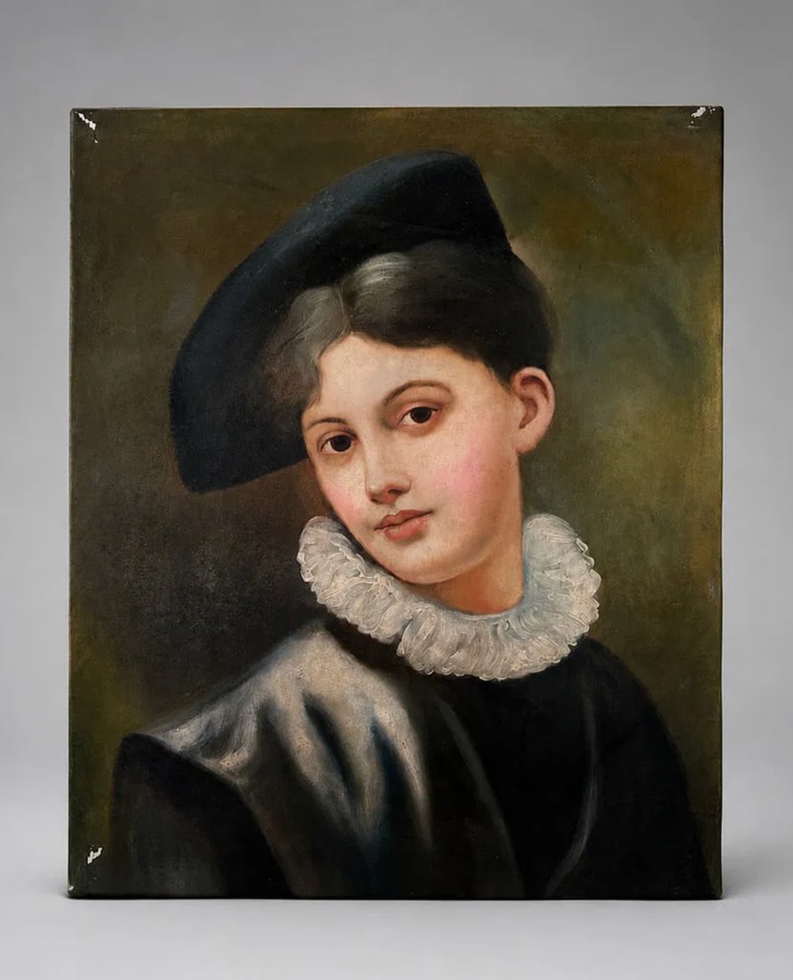 Oil Painting on Canvas of Young Boy with Ruff Collar, 20 x 23 in: This oil painting on canvas depicts a young boy wearing a traditional black cap and a finely detailed white ruff collar, rendered in a style reminiscent of 17th-century European portraiture. The sitte