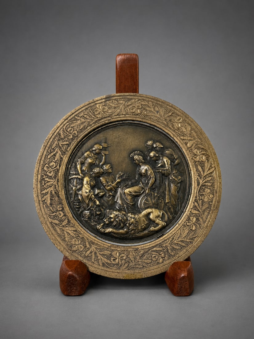 Classical Bronze Tone Figural Relief Plaque with Ornate Floral Border, 3.5 In.: Measuring approximately 3.5 inches in diameter, this decorative round relief plaque features a finely detailed classical scene in raised relief. The composition depicts a seated female figure surround