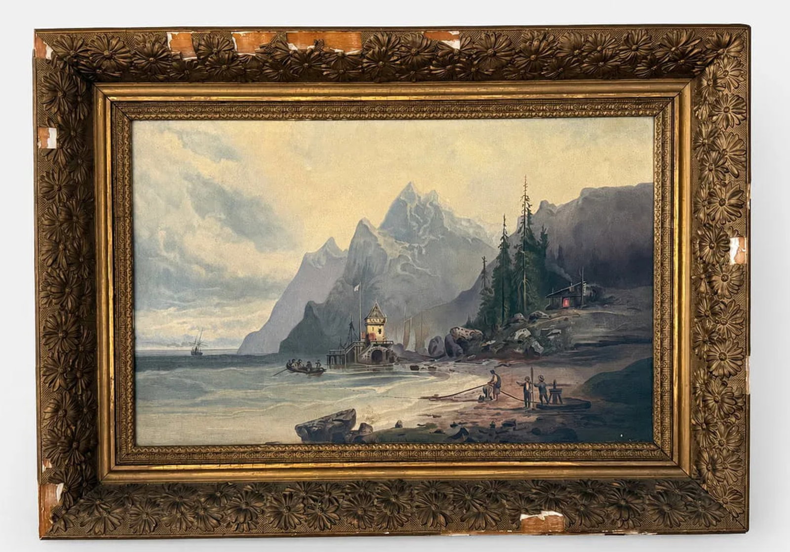 Antique Coastal Mountain Landscape Oil Painting on Canvas in Ornate Gilt Frame, 28 x 21 In (1 of 1)