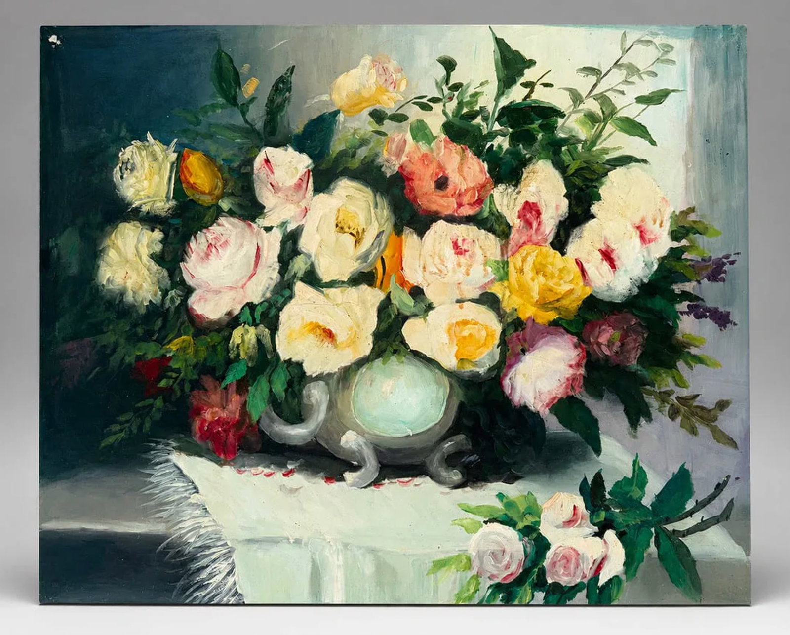 Floral Still Life Oil Painting on Canvas, Impressionist Style Bouquet, 20 x 24 In.: A colorful floral still life rendered in oil on canvas, depicting a lush bouquet of blooming roses and garden flowers arranged in a decorative urn. The composition features expressive palette knife an
