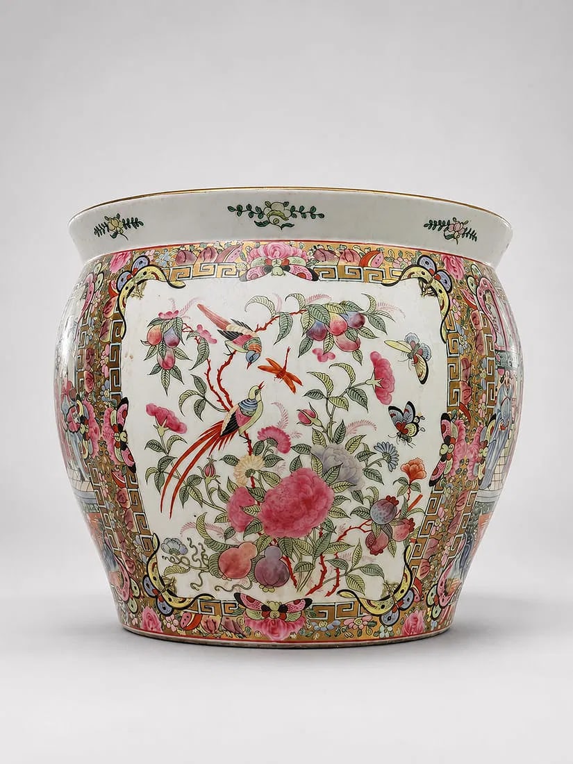 Large Chinese Famille Rose Porcelain Jardiniere / Fish Bowl Planter, 12 In: A large Chinese famille rose porcelain jardiniere or fish bowl featuring richly hand-decorated panels with colorful birds, butterflies, flowering peonies, and fruiting branches, surrounded by elaborat