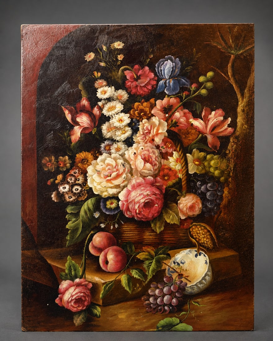 Dutch Baroque Style Floral Still Life Oil Painting: Original oil painting depicting a richly arranged floral still life featuring a basket of blooming flowers alongside fruit including grapes, peaches, and a pomegranate. Executed in the traditional Eur