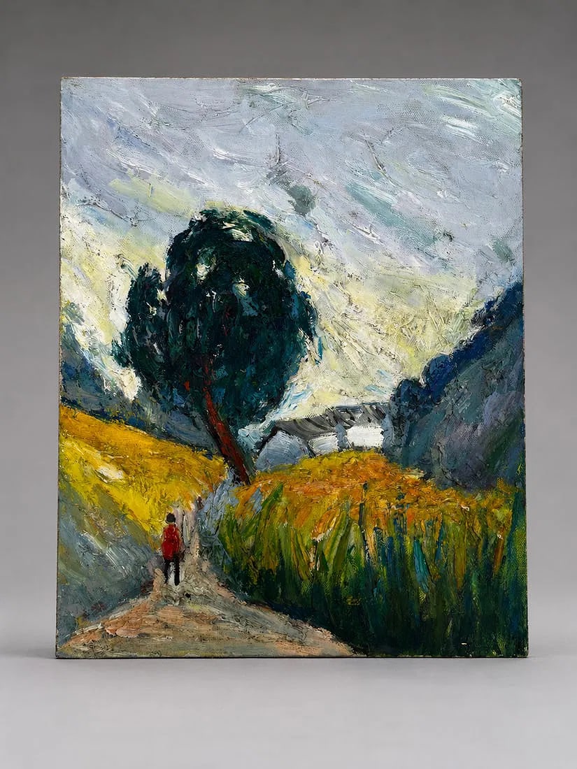 Expressive Landscape Oil Painting on Canvas, 23.5 x 29.5 Inches: An expressive oil painting on canvas featuring a rural landscape with a winding footpath leading toward a cottage nestled among rolling hills. A solitary figure in a bright red coat walks beneath a wi