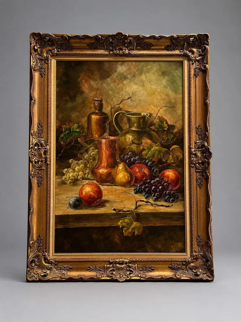 Signed Still Life Oil Painting on Canvas with Fruit & Copper Vessels, 44 x 33 In: A signed oil on canvas still life depicting an elegant arrangement of grapes, apples, pears, and plums alongside copper vessels and a glazed ceramic pitcher. Rich earth tones, dramatic lighting, and f