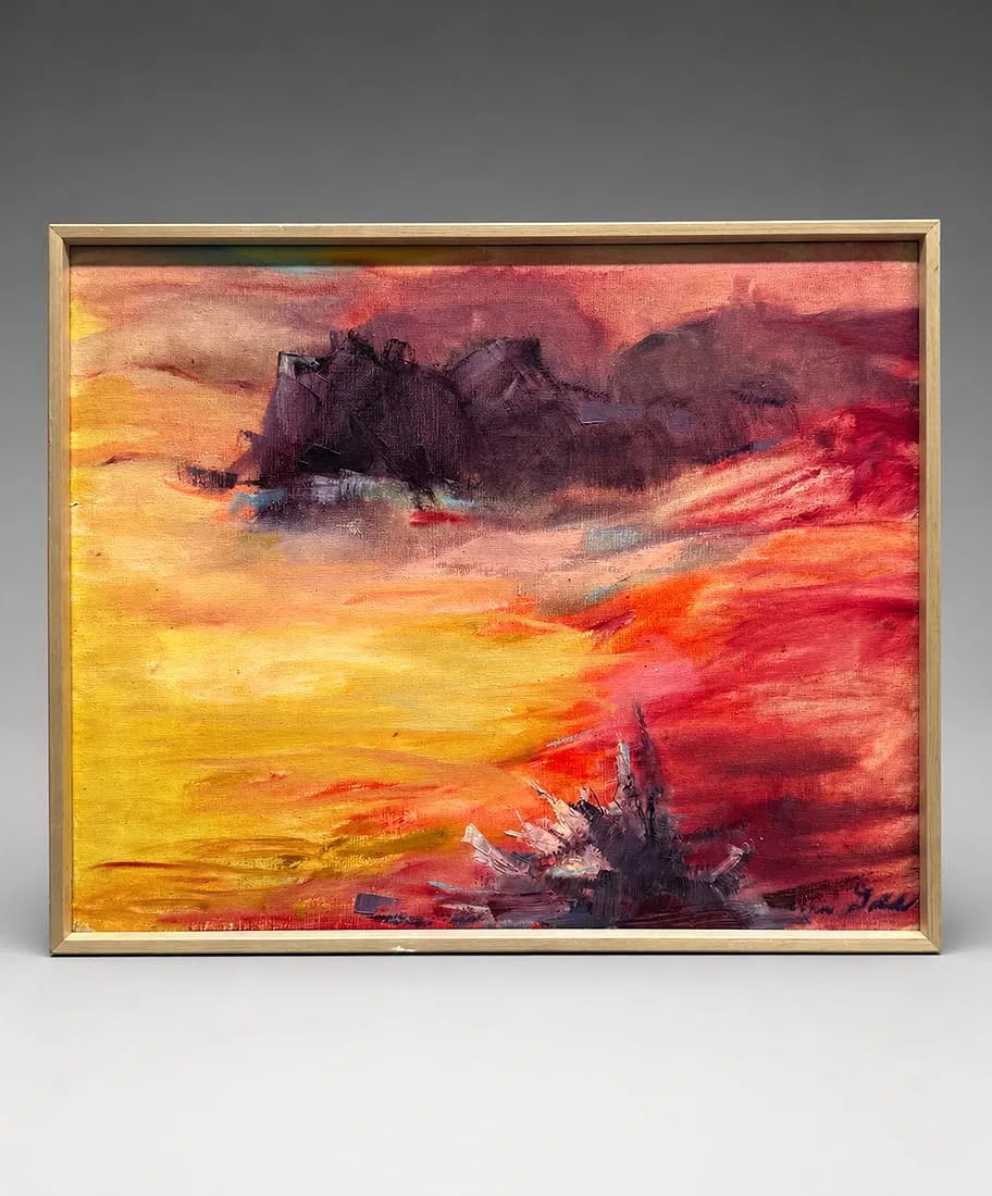 Contemporary Abstract Landscape Oil Painting on Canvas, 23 x 22 In: A contemporary oil on canvas featuring an expressive abstract landscape rendered in vibrant shades of crimson, burgundy, orange, and golden yellow. Bold palette knife work and layered brushstrokes cre
