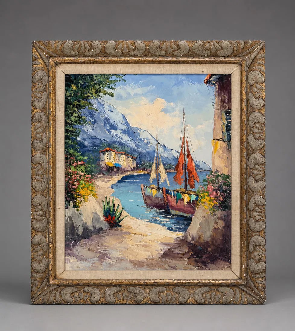 Giovanni Camprio (1915-1999) Impressionist Coastal Harbor Oil Painting on Canvas, 31 x 27 In (1 of 3)