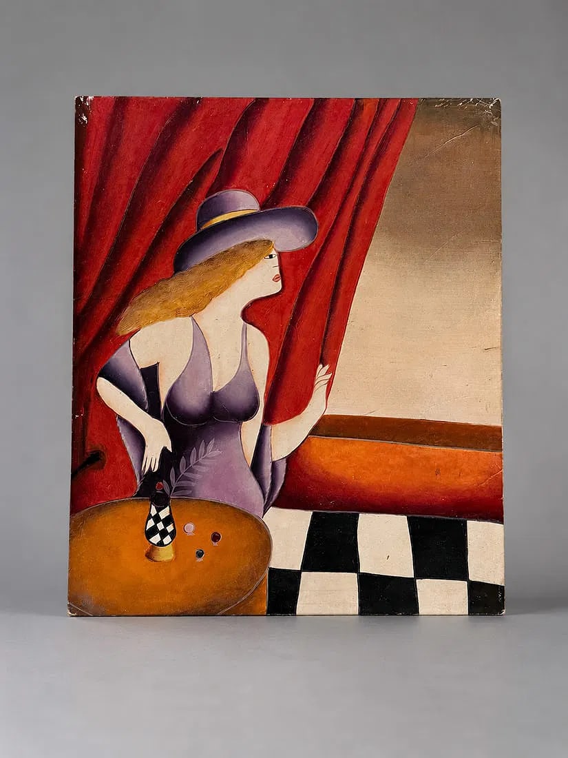 Contemporary Figural Oil Painting on Canvas of Elegant Woman, 23.5 x 20 In: A contemporary oil on canvas depicting a stylish woman in a lavender dress and wide-brimmed hat standing beside rich red drapery. The composition combines bold geometric elements with warm, saturated 