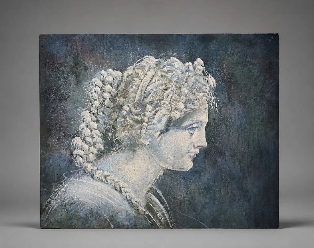 AFTER RICHARD FRANKLIN, "APHRODITE", 19 X 24 IN: After Richard Franklin, "Aphrodite," depicting a classical female profile against a dark blue-gray background. Textured surface. Measures approximately 19 x 24 inches.