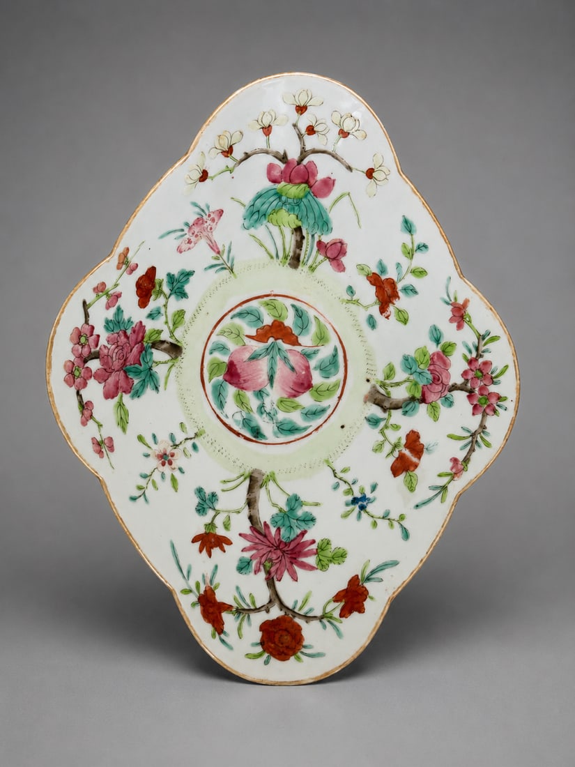 CHINESE FAMILLE ROSE FLORAL & PEACH PORCELAIN DISH (1 of 2)