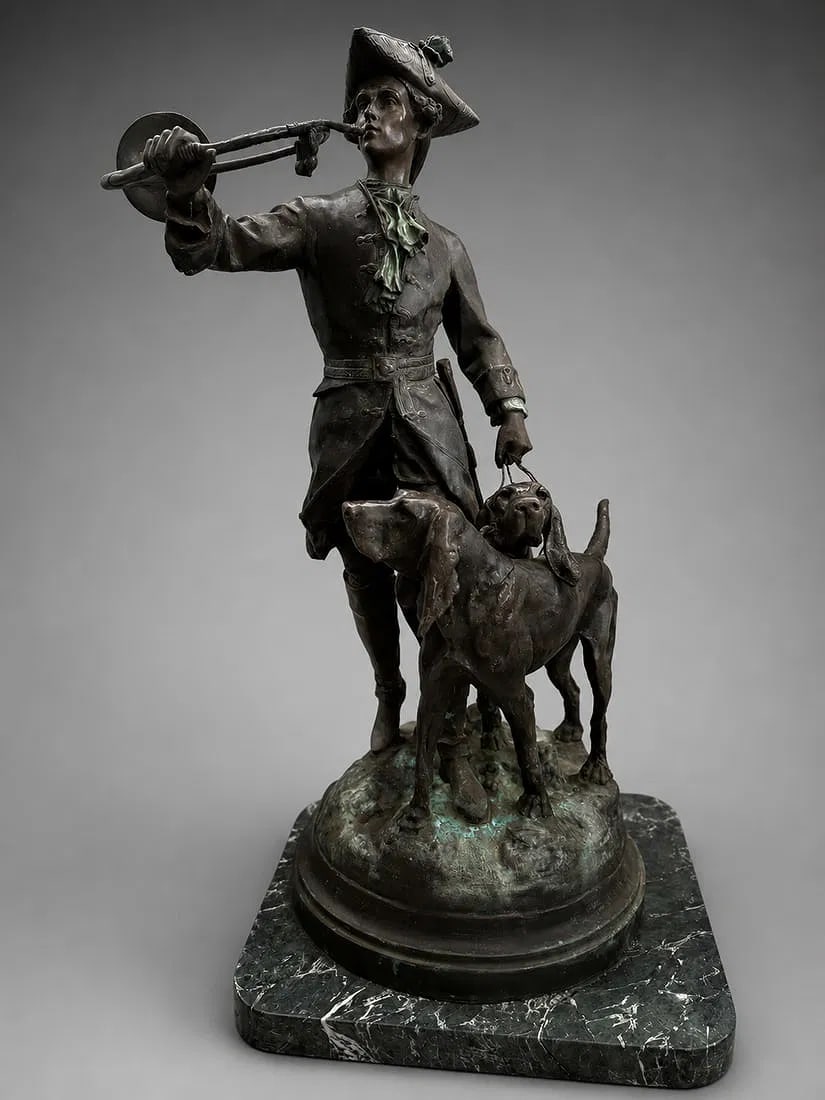 Large Signed H. P. Moreau Bronze Sculpture of a Huntsman with Two Hounds, 30 Inches Tall, Approx90LB (1 of 4)