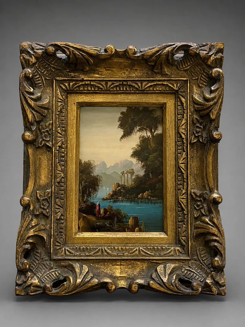 Signed Alinari Classical Landscape Oil Painting in Ornate Gilt Wood Frame, 12 x 10 In.: A finely executed antique oil painting depicting a serene classical landscape with a tranquil lake, distant mountains, and an architectural folly nestled among lush trees. The composition is housed in