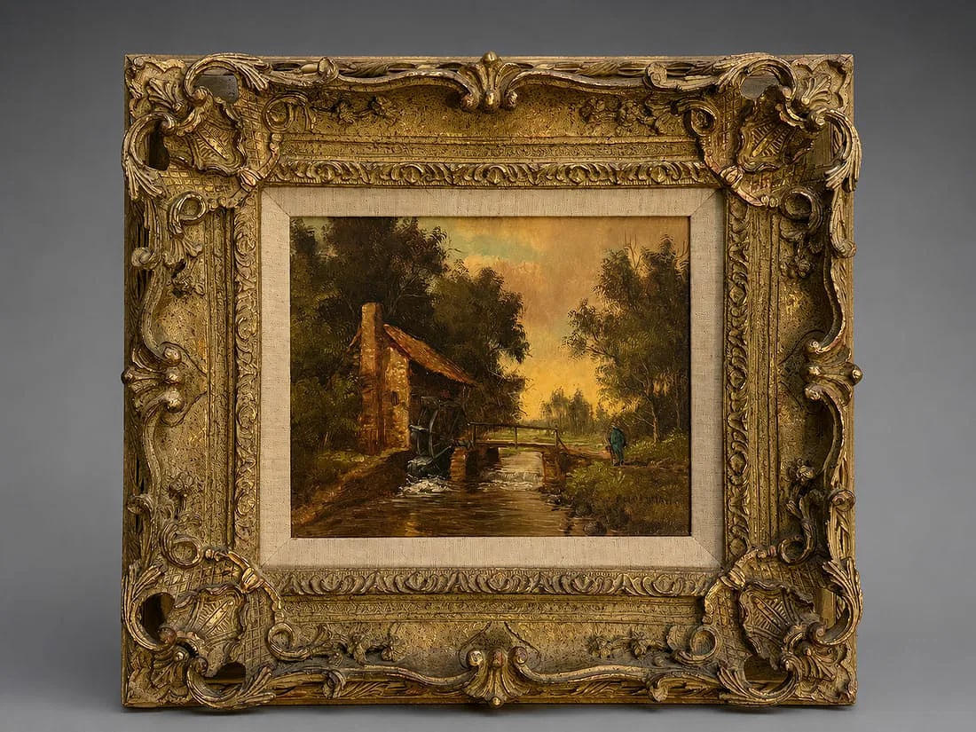 Willem Polderman ( Dutch, 1913-1983) Landscape Oil Painting in Ornate Gilt Wood Frame, 17 x 15 In.: A charming antique oil painting depicting a peaceful countryside scene with a rustic watermill, flowing stream, footbridge, and a lone figure walking along a wooded path. Executed in warm, earthy tone