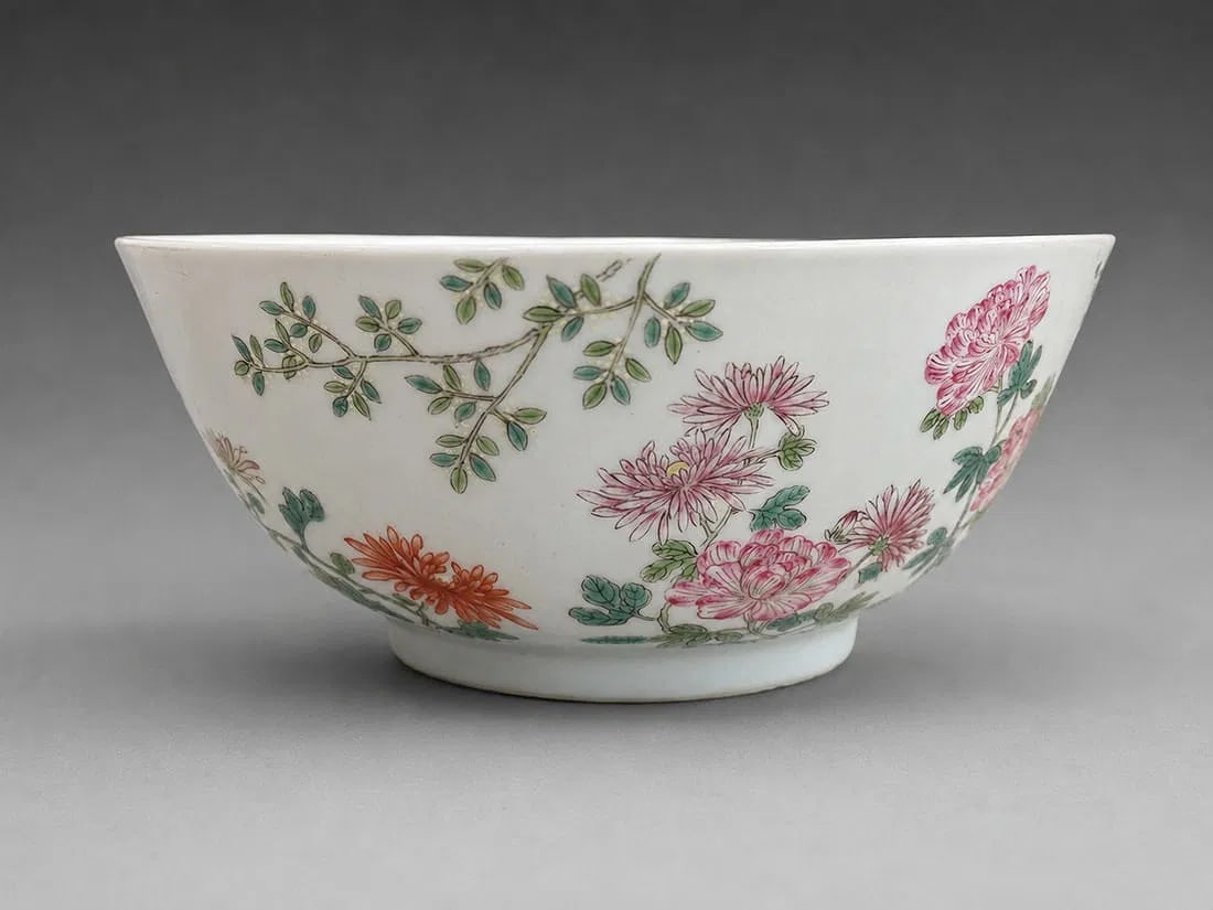 Chinese Famille Rose Porcelain Bowl: A Chinese famille rose porcelain bowl decorated with finely enameled chrysanthemum blossoms and flowering branches in soft pink, iron red, green, and underglaze blue tones against a white glazed groun