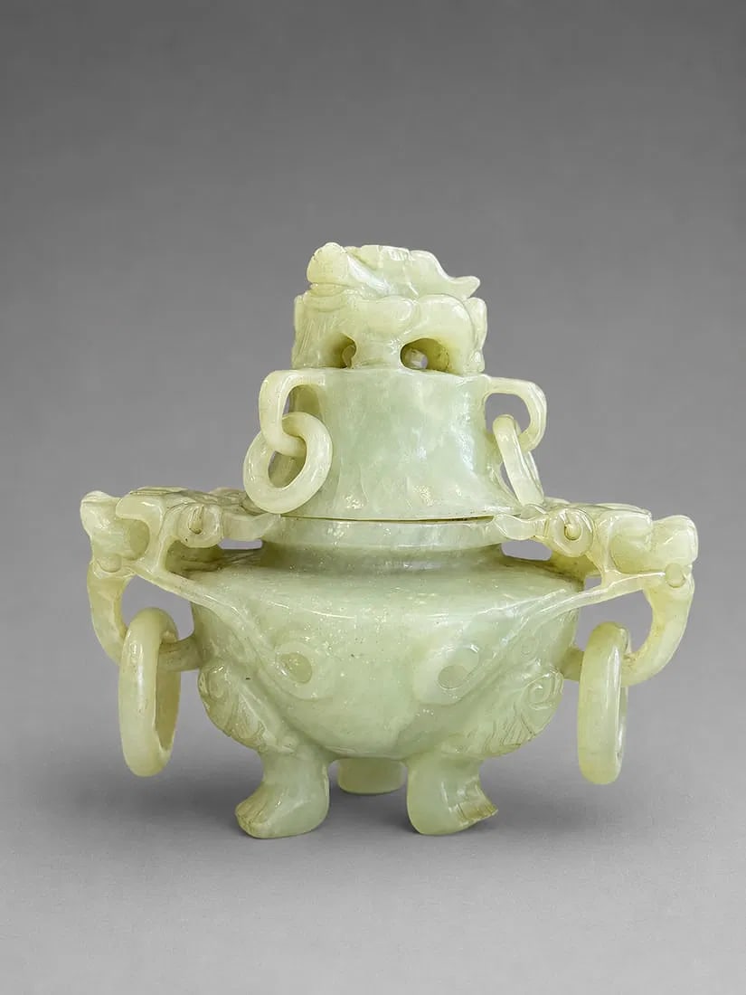 Chinese Carved Jadeite or Jade Dragon Censer with Cover & Loose Ring Handles (1 of 2)