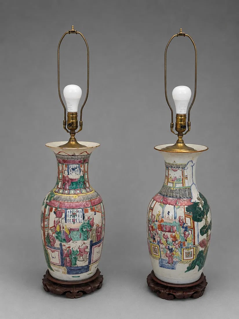 Pair of Chinese Famille Rose Porcelain Vase Table Lamps on Carved Wood Bases (1 of 1)