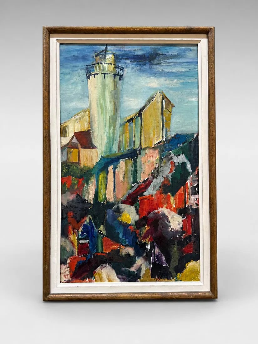 Expressionist Cityscape Oil Painting in Frame: A vibrant mid-century style oil painting depicting a bustling European cityscape with a prominent church or clock tower rising above colorful buildings and figures below. Executed in a bold expression