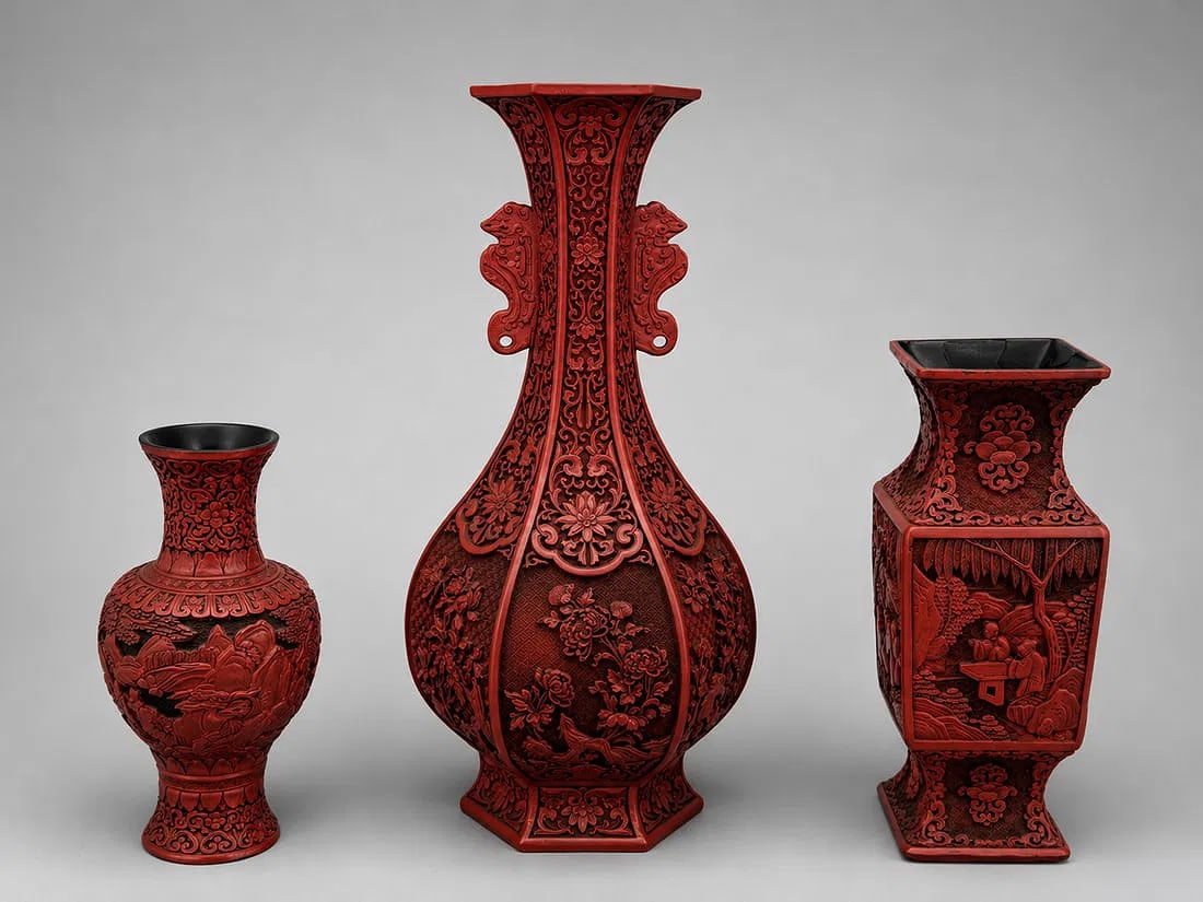 Lot of Three Chinese Red Carved Decorative Vases (1 of 1)