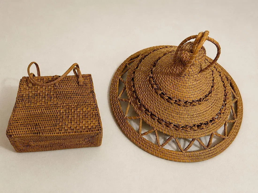 Two Vintage Handwoven Rattan Accessories Including Handbag and Decorative Wide-Brim Hat (1 of 1)
