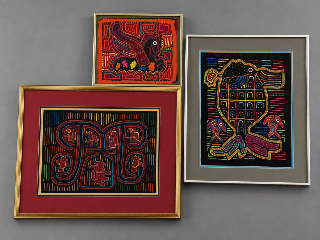 Group of 3 Panama Guna Kuna Mola Textile Art, Framed (1 of 1)