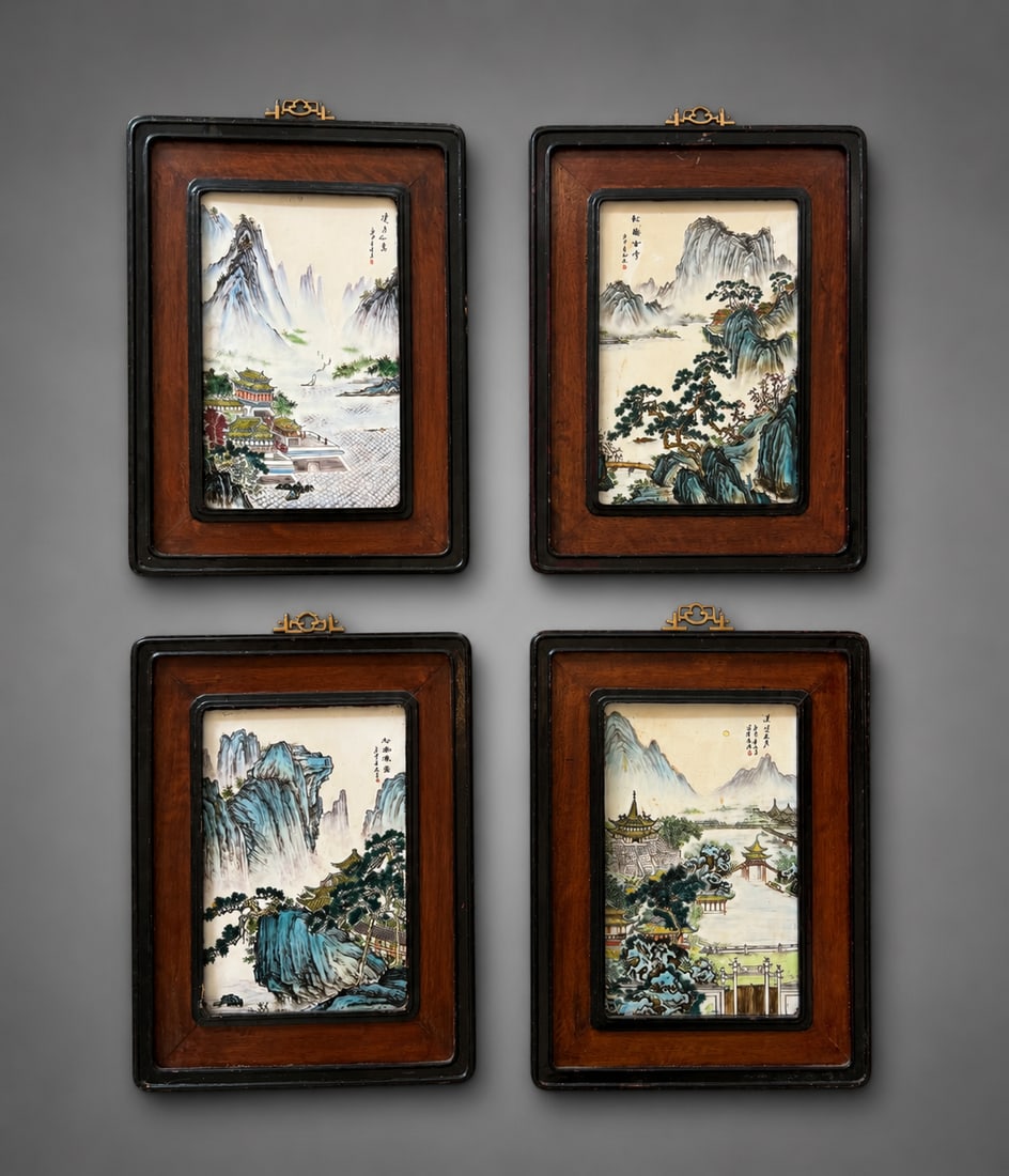 Set of 4 Chinese Porcelain Landscape Plaques in Wood Frames (1 of 7)