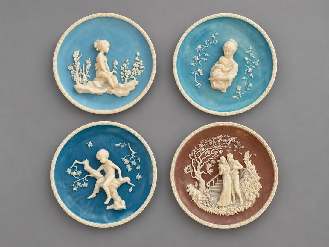 LOT OF 4 VINTAGE AVONDALE STYLE RELIEF WALL PLATES: A group of four vintage relief wall plaques featuring raised ivory-tone figural and floral scenes against blue and brown grounds. The group includes a seated young woman surrounded by flowers, a mothe