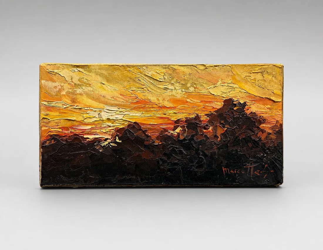 Small Signed Impasto Sunset Landscape Oil Painting on Canvas: A striking signed original oil painting featuring a dramatic sunset landscape executed in a bold impasto technique. Heavy palette knife applications create rich texture throughout the composition, wit