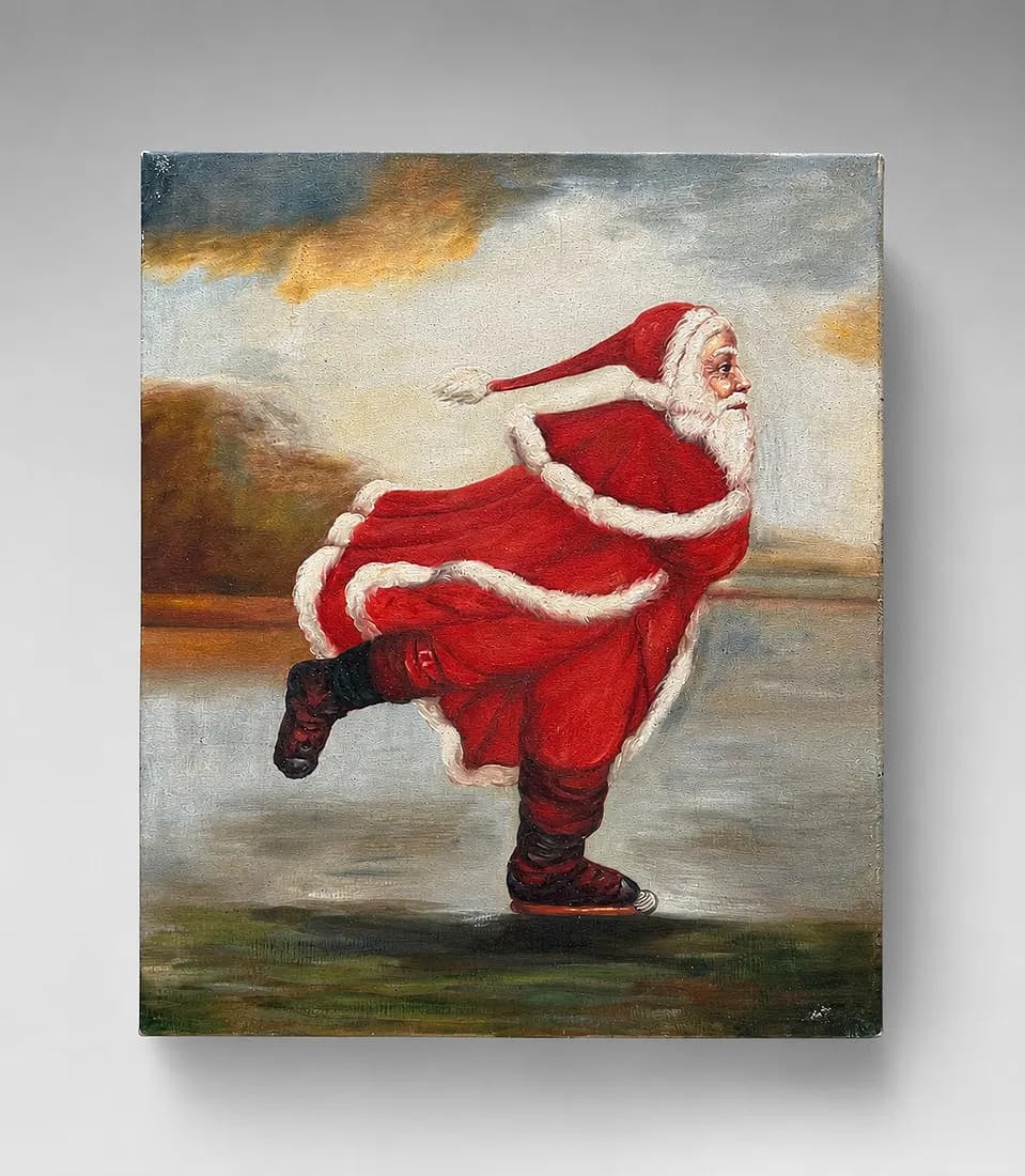 Vintage Santa Claus Ice Skating Oil Painting on Canvas (1 of 1)