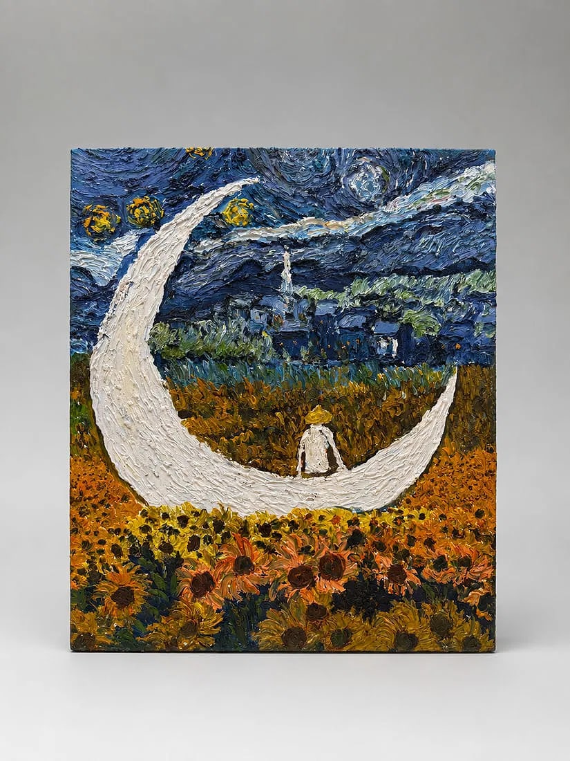 Impasto Moonlit Landscape Oil Painting on Canvas: An original impasto oil painting depicting a whimsical moonlit landscape with a large crescent moon overlooking a field of blooming sunflowers beneath a star-filled night sky. Executed with bold palet