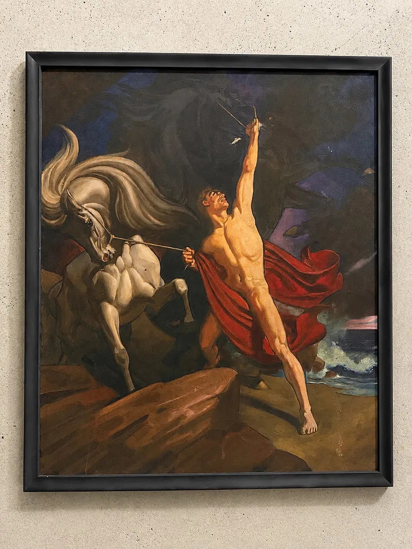 Old Master Style Figural Oil Painting in Frame: An oil painting in the Old Master tradition depicting a dramatic classical scene with a heroic nude male figure standing beside a rearing white horse against a dark, atmospheric landscape. The composi