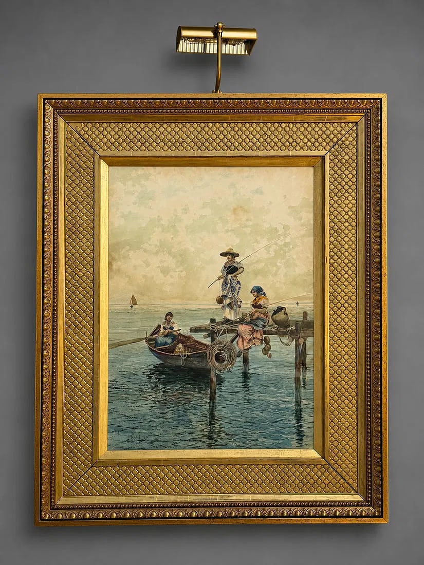 Signed Coastal Fishermen Watercolor Painting in Gilt Frame: A signed original watercolor painting depicting a tranquil coastal fishing scene with three figures gathered along a wooden pier overlooking calm waters. Executed in delicate washes and fine detail, t