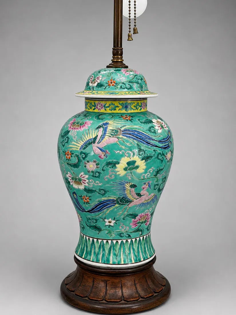 Chinese Famille Rose Phoenix Porcelain Ginger Jar Table Lamp on Carved Wood Base (1 of 1)