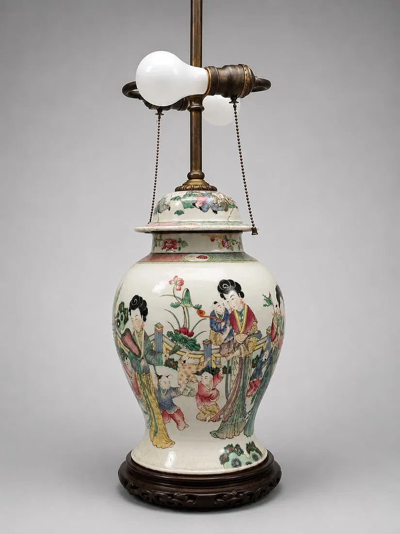 Chinese Famille Rose Porcelain Ginger Jar Table Lamp on Carved Wood Base (1 of 1)