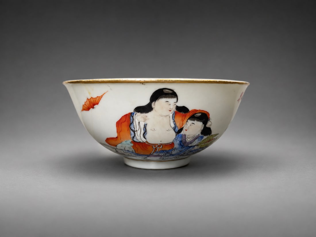 Chinese Famille Rose Figural and Inscribed Porcelain Bowl: A Chinese famille rose porcelain bowl decorated in polychrome enamels with figural scenes and calligraphic inscriptions, accented with a gilt rim. Raised on a short circular foot.