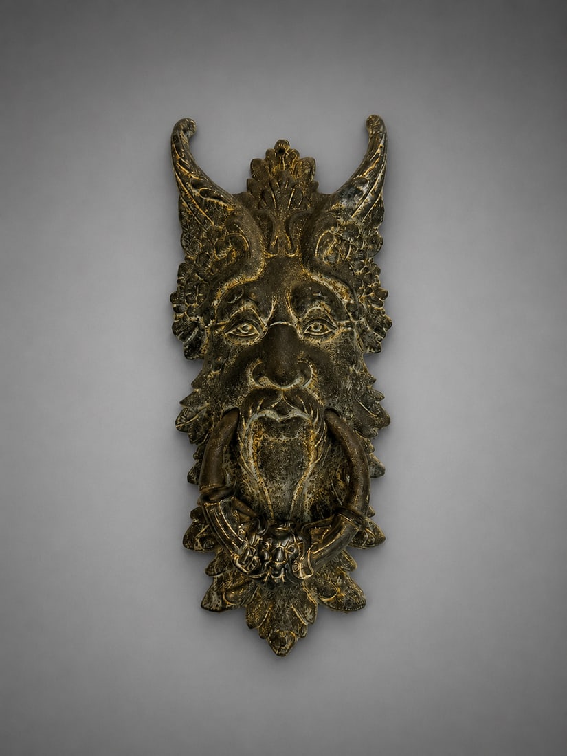 Antique Style Green Man Figural Door Knocker: Decorative antique-style cast metal door knocker modeled as a Green Man or faun mask with curling horns, flowing beard, and a substantial swinging ring. Finished in a dark antique bronze-tone patina, 