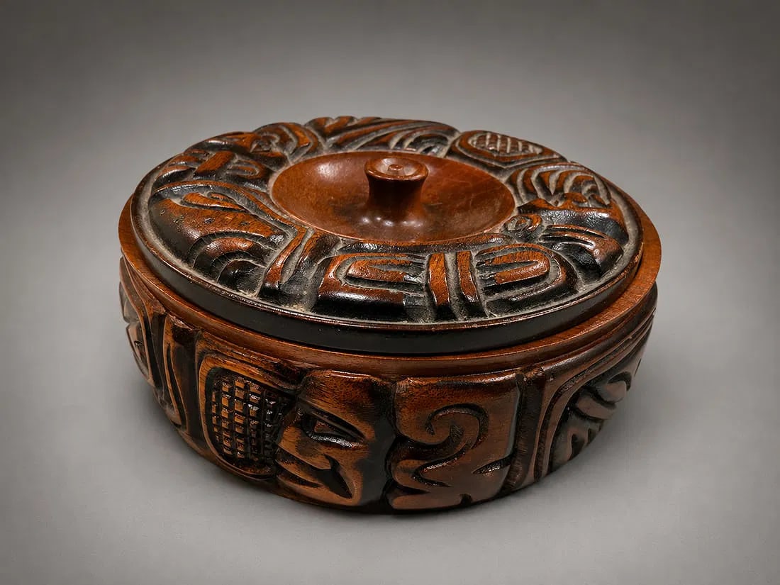 Hand Carved Tribal Style Wooden Lidded Box: Hand carved wooden lidded box featuring tribal-style motifs carved in high relief throughout the body and lid. The circular form is decorated with stylized mask and geometric designs, showcasing