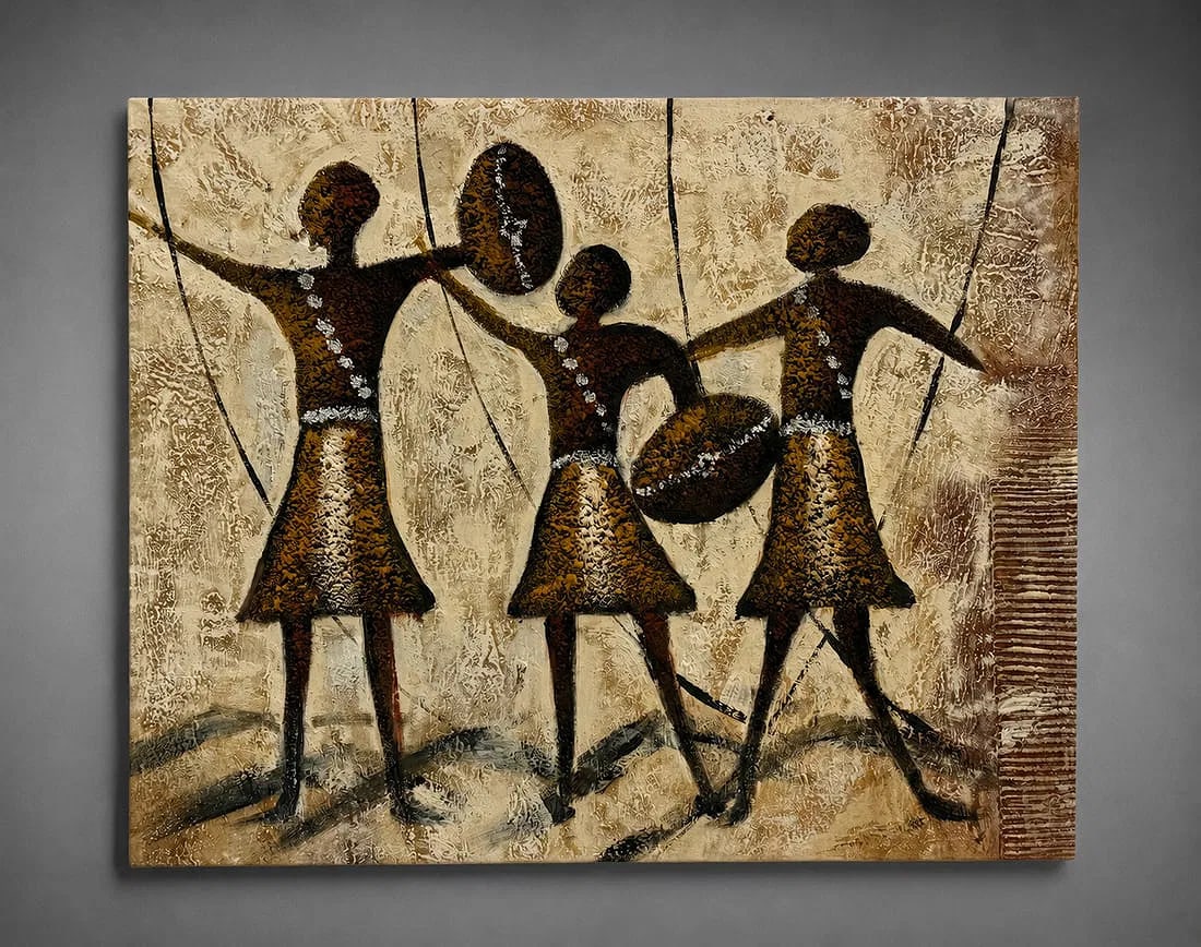 Contemporary African-Inspired Figural Oil Painting: Contemporary oil painting depicting three stylized African figures in a rhythmic composition. Executed with textured brushwork in warm earth tones and neutral colors, the work evokes traditional Afric