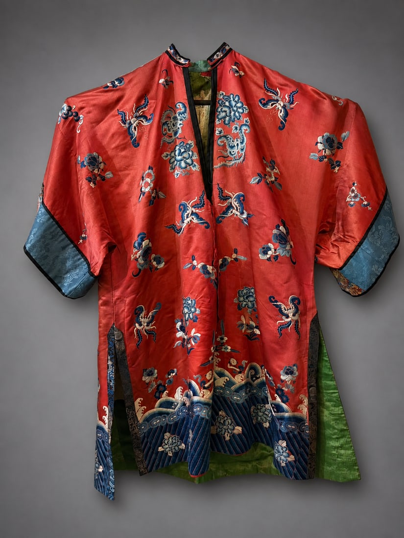 Chinese Embroidered Red Silk Robe with Floral and Wave Motifs (1 of 1)