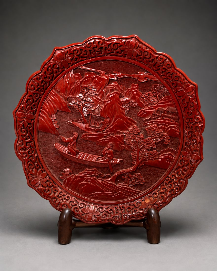 Chinese Carved Cinnabar Lacquer Landscape Plate: A Chinese carved cinnabar lacquer plate, deeply carved with a detailed landscape scene depicting figures in a boat amid mountains, trees, architecture, and rocky terrain. The shaped rim is decorated