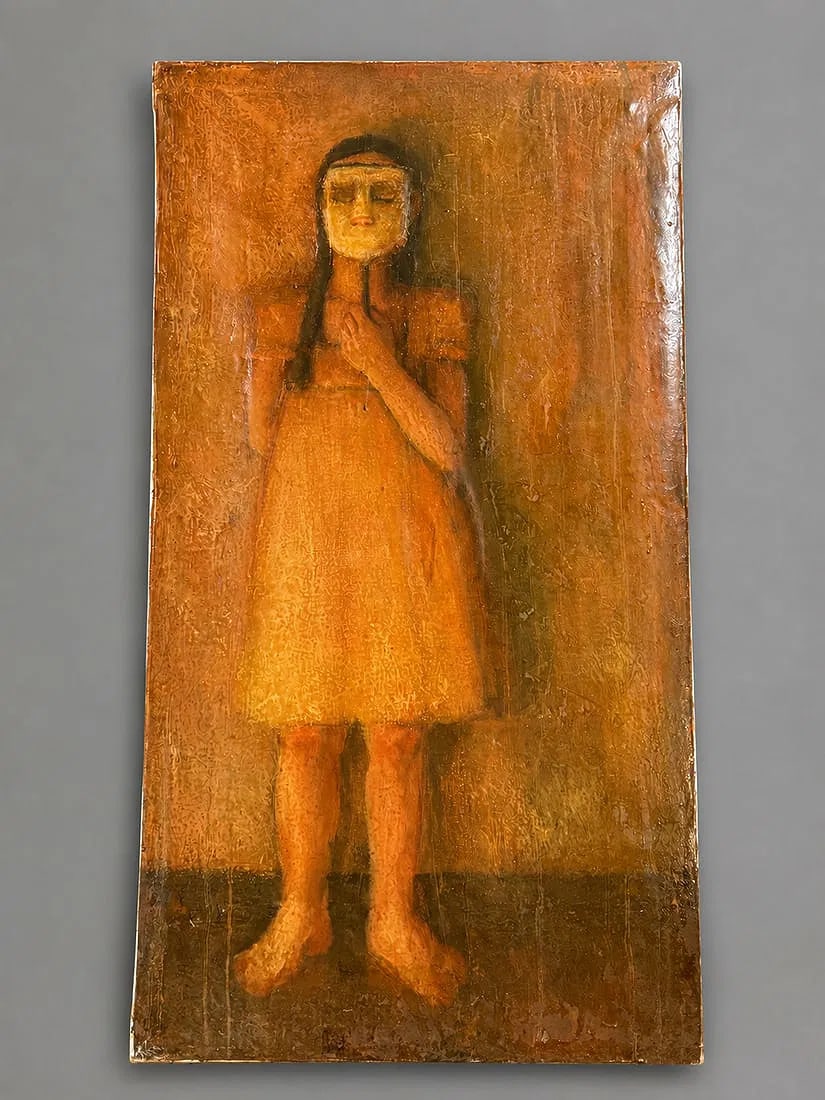 Contemporary Figural Oil Painting on Canvas: Overall good vintage condition with light wear consistent with age and handling. The unframed canvas exhibits minor surface wear and scattered craquelure commensurate with age. No major tears or