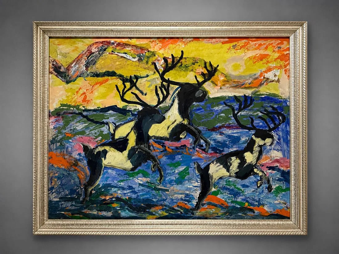 Contemporary Expressionist Oil Painting of Reindeer: Contemporary oil painting depicting a dynamic group of reindeer set against a vividly colored landscape. Executed in a bold expressionist style with heavy impasto brushwork, energetic palette knife te