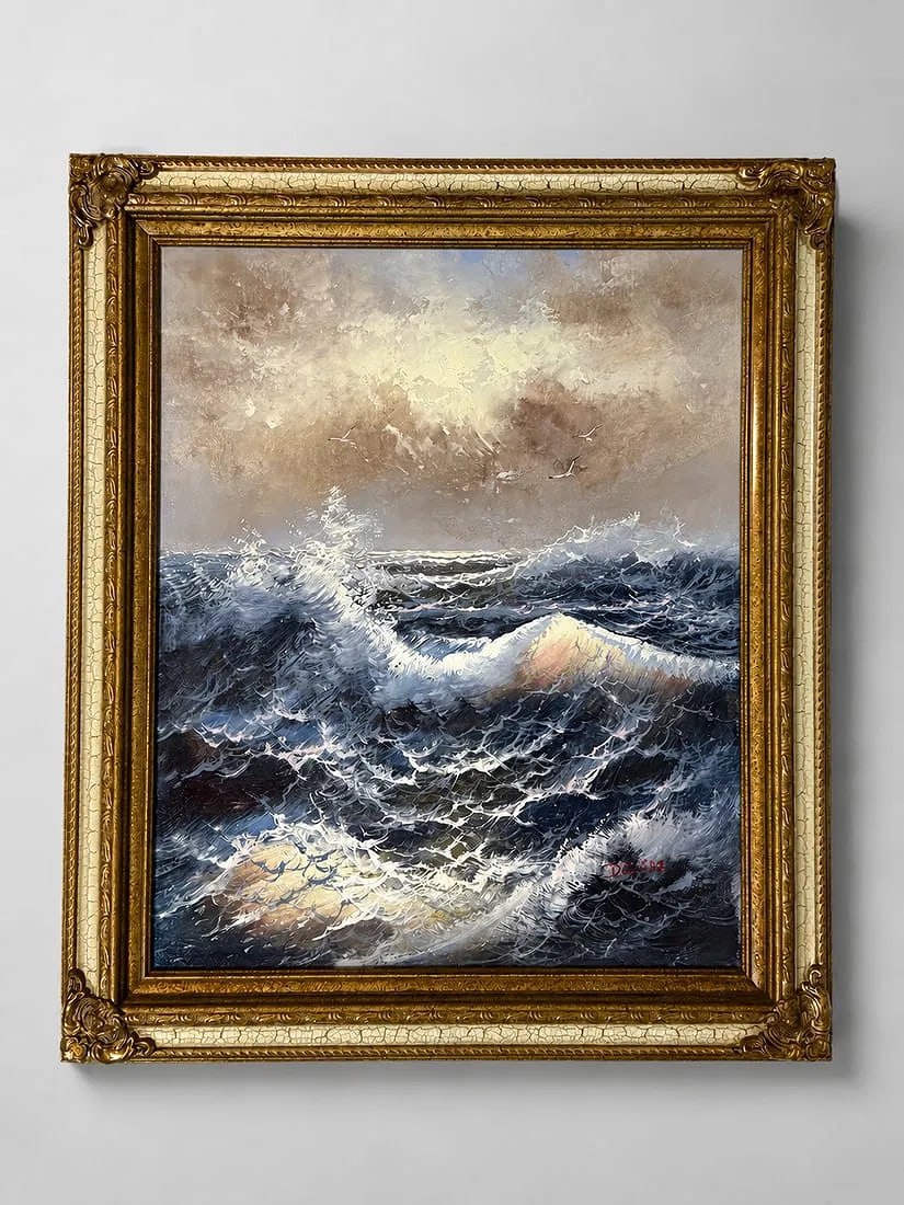 Signed Contemporary Seascape Oil Painting: Contemporary oil painting depicting a dynamic group of reindeer set against a vividly colored landscape. Executed in a bold expressionist style with heavy impasto brushwork, energetic palette knife te