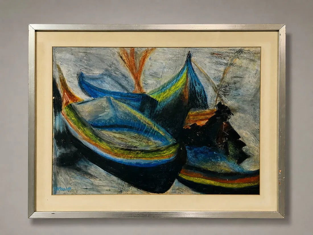 Signed Colorful Pastel Drawing of Boats, Framed, 22 x 28 Inches: Signed contemporary pastel drawing depicting a group of colorful moored boats in an expressive modern style. Rendered with vibrant blues, greens, and warm earth tones, the composition captures the rhy