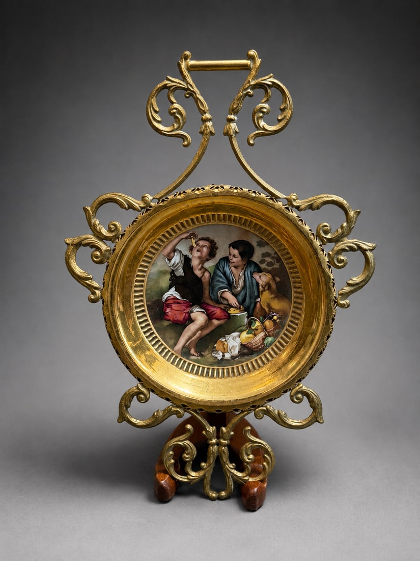A Vintage Italian Hand Painted Porcelain Plate By C. Fornester With Ornate Brass Frame: A vintage Italian hand-painted porcelain plate by C. Fornester, finely decorated with a figural pastoral scene depicting two figures with a dog. The porcelain plaque is mounted within an elaborate gil