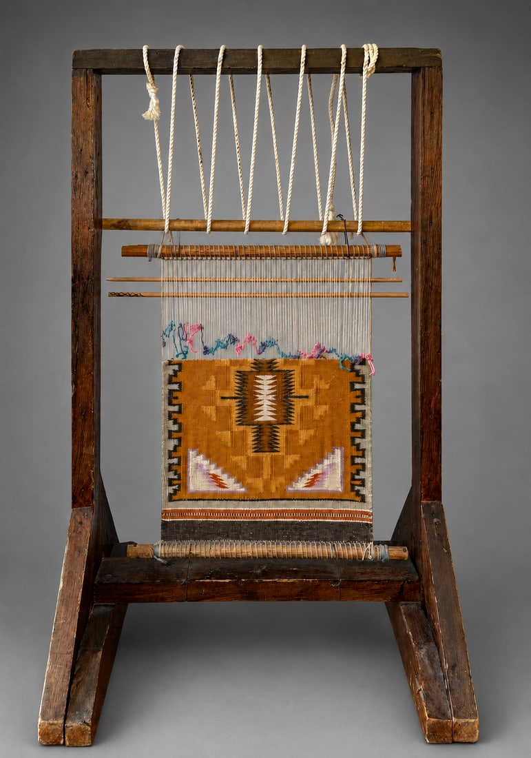 Vintage Native American Navajo Style Weaving Sampler on Wooden Upright Loom: A vintage Native American Navajo-style weaving sampler displayed on a traditional wooden upright loom. The partially completed handwoven textile features bold geometric motifs in mustard, brown, black