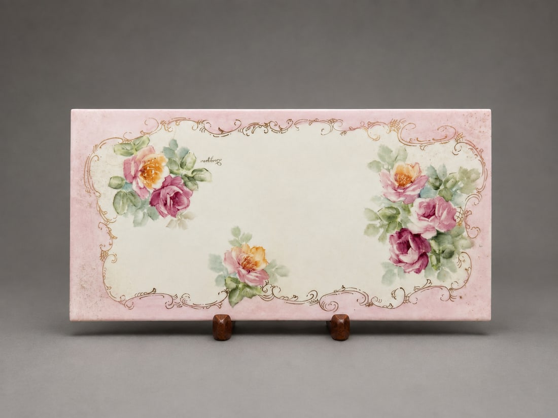 Vintage Hand-Painted Porcelain Plaque with Floral Decoration, Signed: A decorative rectangular porcelain plaque featuring hand-painted floral decoration with pink, rose, yellow and green tones, surrounded by gilt scrolling borders on a pale pink ground. Signed within th