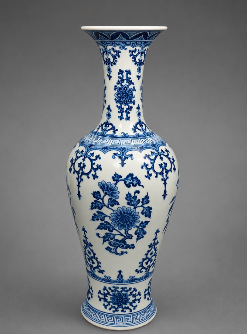 Chinese Blue and White Porcelain Vase: A Chinese blue and white porcelain vase of baluster form with a tall waisted neck and flared rim, decorated throughout in underglaze blue with floral sprays, scrolling motifs and geometric borders. Th