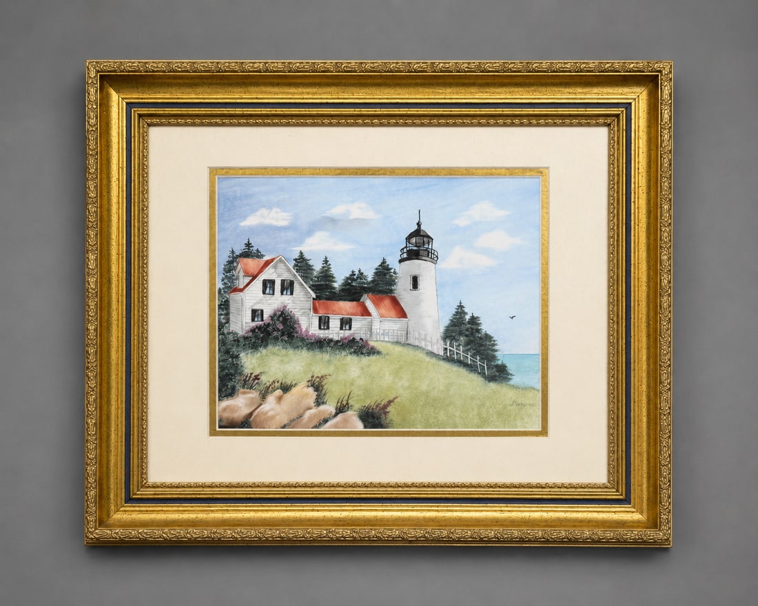 Signed Hand-Painted Porcelain Plaque of a Coastal Lighthouse: A decorative hand-painted porcelain plaque depicting a coastal lighthouse with adjoining buildings overlooking the sea, surrounded by trees, flowering vegetation and a grassy landscape. Signed at the 