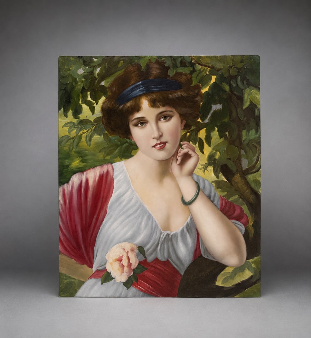 Vintage Oil Painting Portrait of a Young Woman: A vintage oil painting depicting an elegant young woman seated beneath leafy trees, wearing a pale dress with red drapery, a blue headband, green bracelet, and floral accent at the waist. Rendered in 
